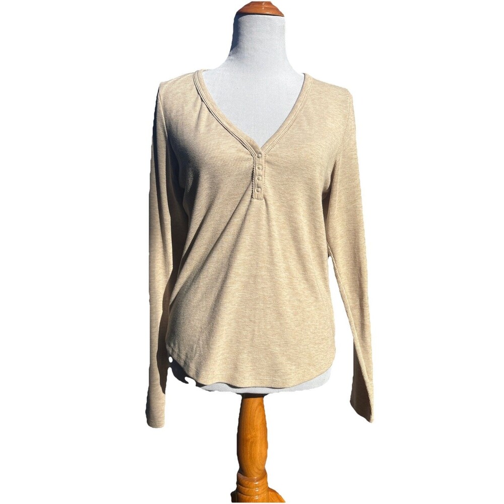 American Eagle Henley T-Shirt Womens Size XL Tan Ribbed Casual Stretch Top
